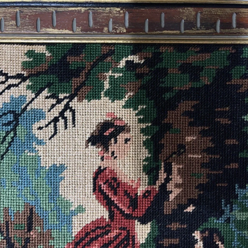 VTG MCM Petit Point Needlecraft gold distressed wood framed picture Girl Tree
